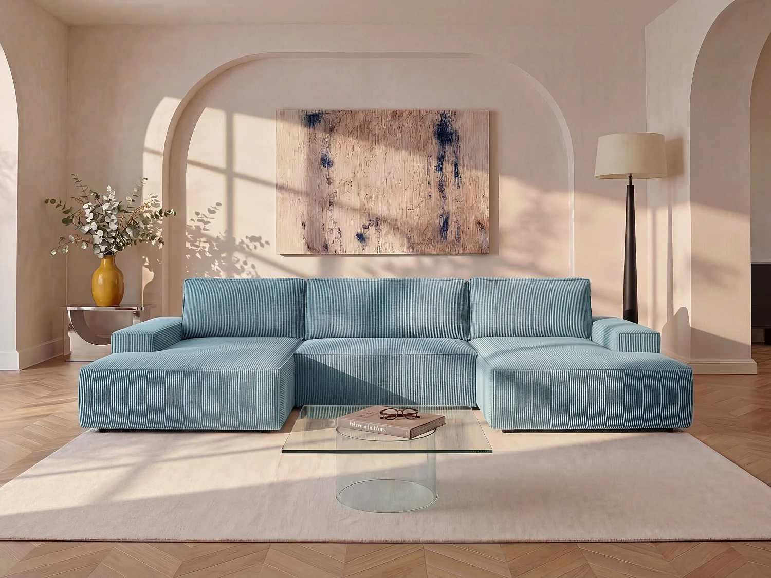 Grand canapé d'angle panoramique convertible en velours côtelé bleu turquoise AMELIA