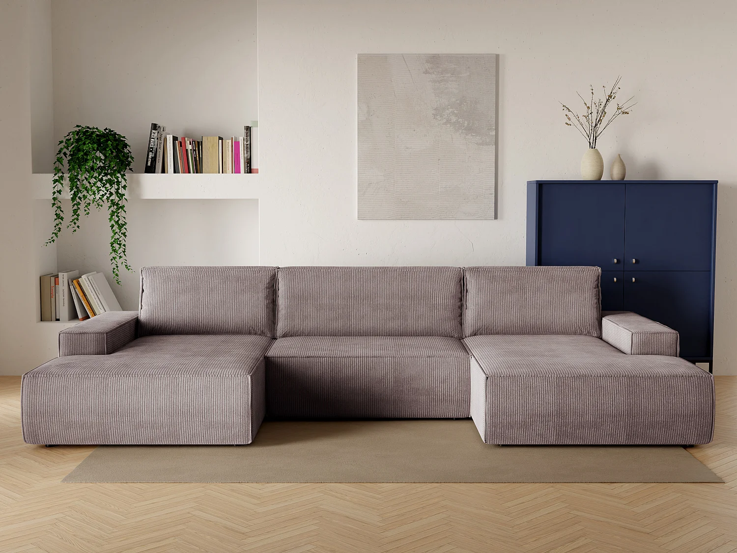 XXL hoekslaapbank van lichtpaars ribfluweel AMELIA