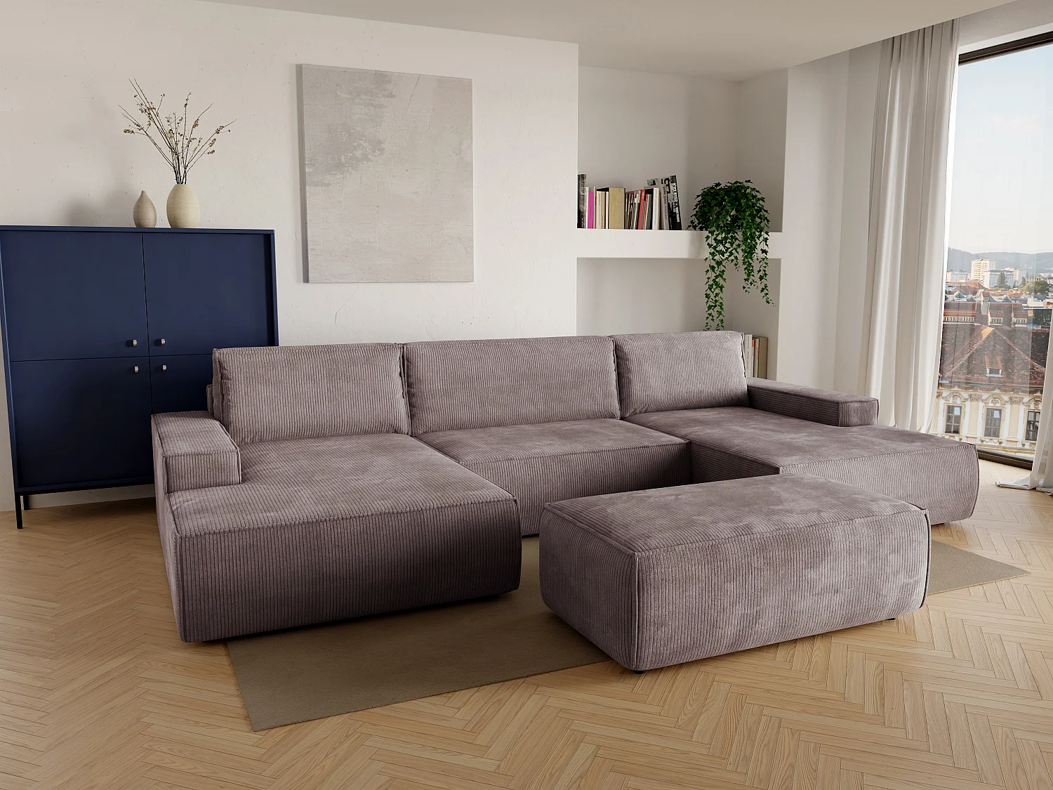 XXL hoekslaapbank van lichtpaars ribfluweel AMELIA