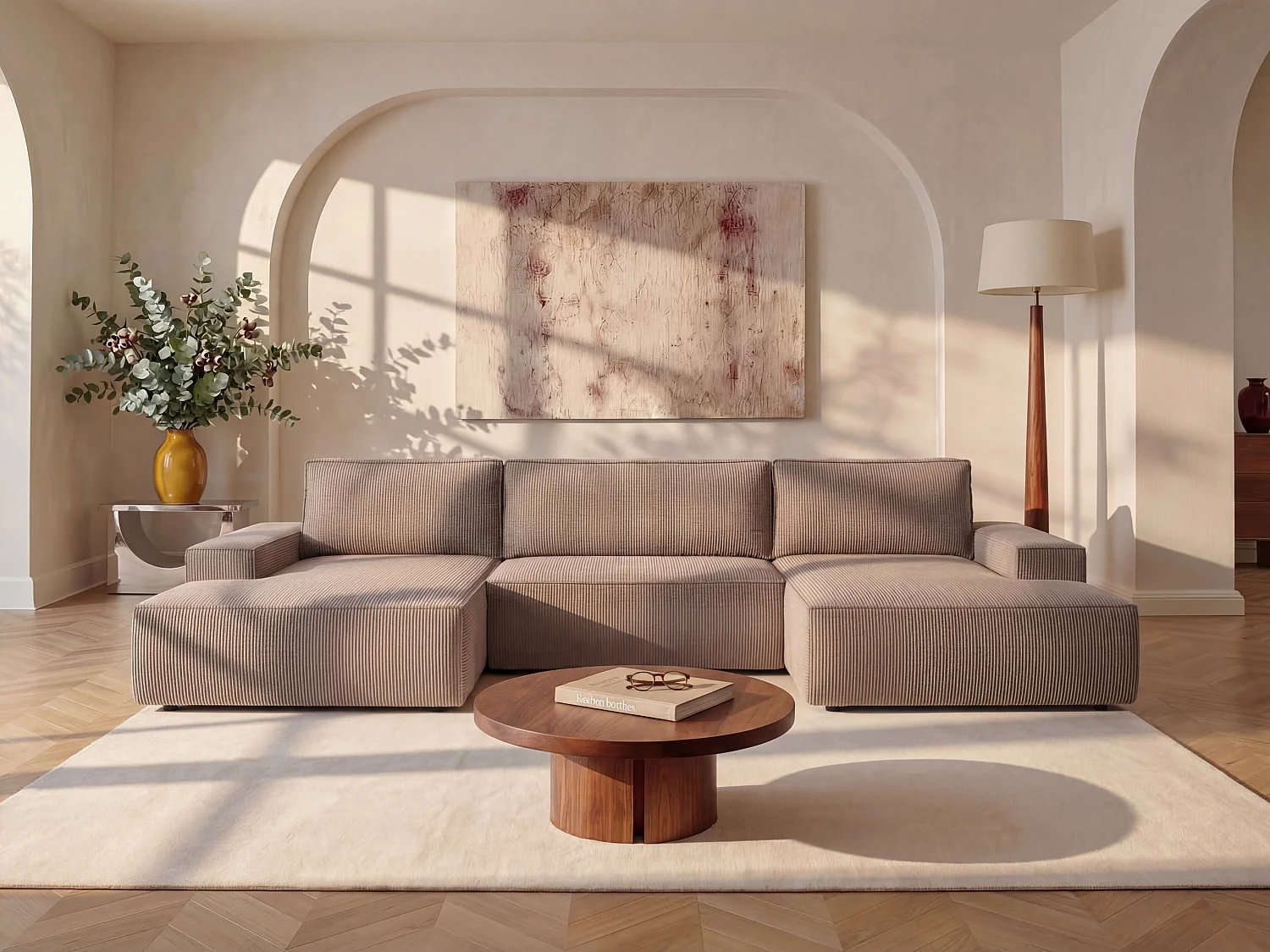 Grand canapé d'angle panoramique convertible en velours côtelé mauve AMELIA