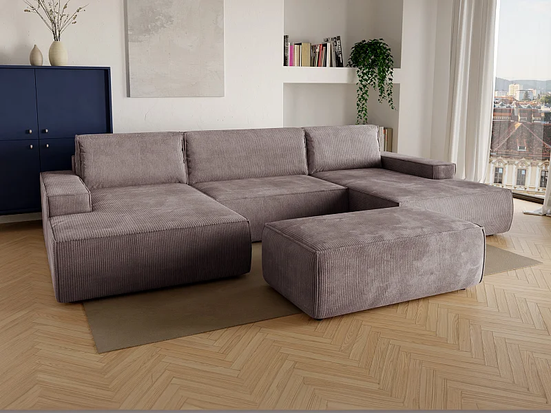 Stor panorama hjørnesofa, der kan omdannes til seng, i lysviolet fløjl AMELIA