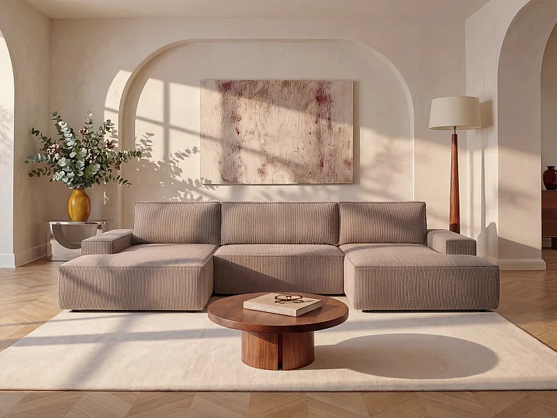 XXL hoekslaapbank van lichtpaars ribfluweel AMELIA