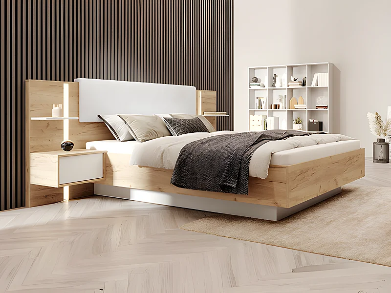 Bett mit Bettkasten mit Nachttischen - 160 x 200 cm - Mit LED-Beleuchtung - Holzfarben & Weiß - ELYNIA