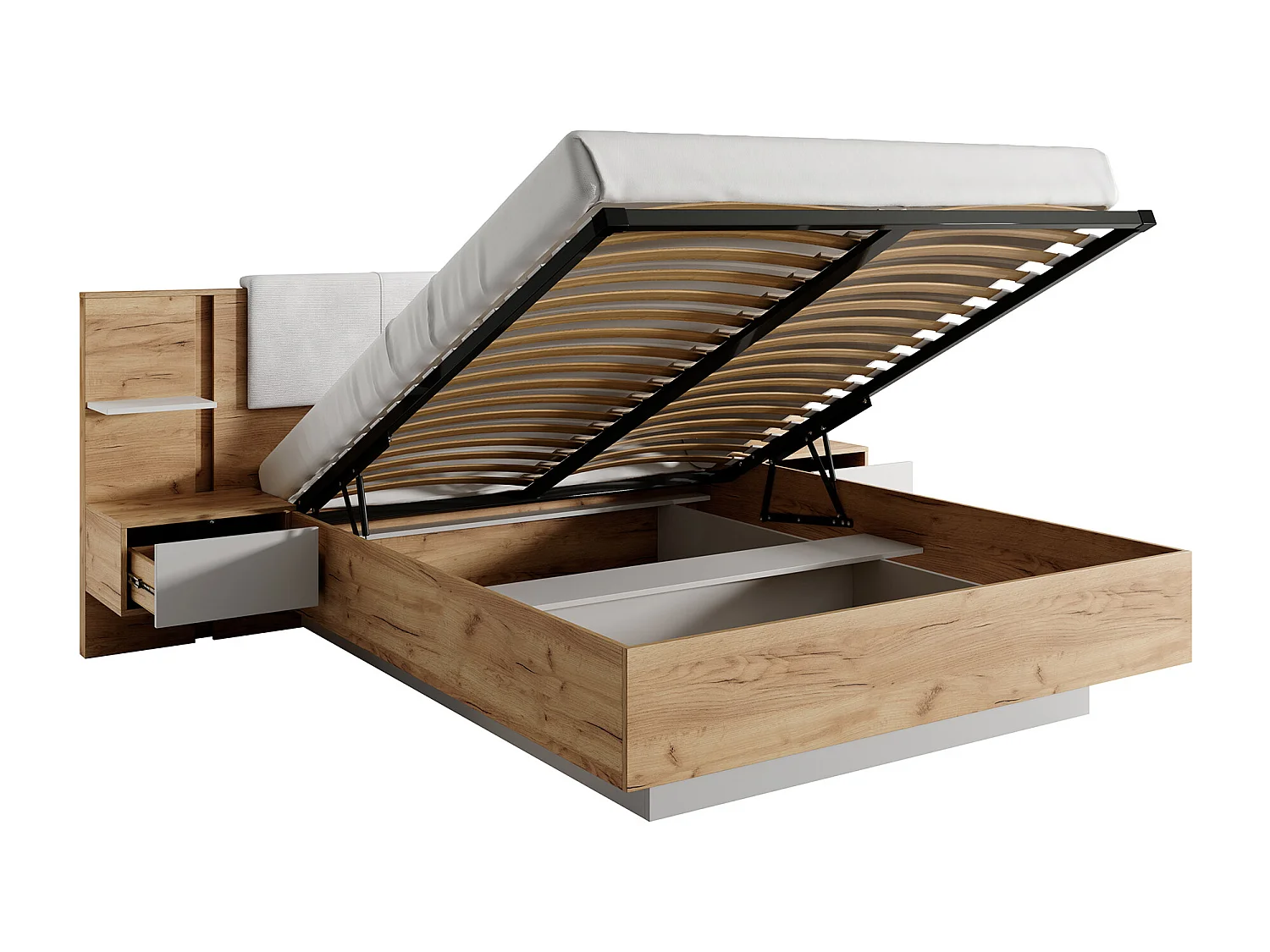 Bett mit Bettkasten mit Nachttischen - 160 x 200 cm - Mit LED-Beleuchtung - Holzfarben & Weiß - ELYNIA