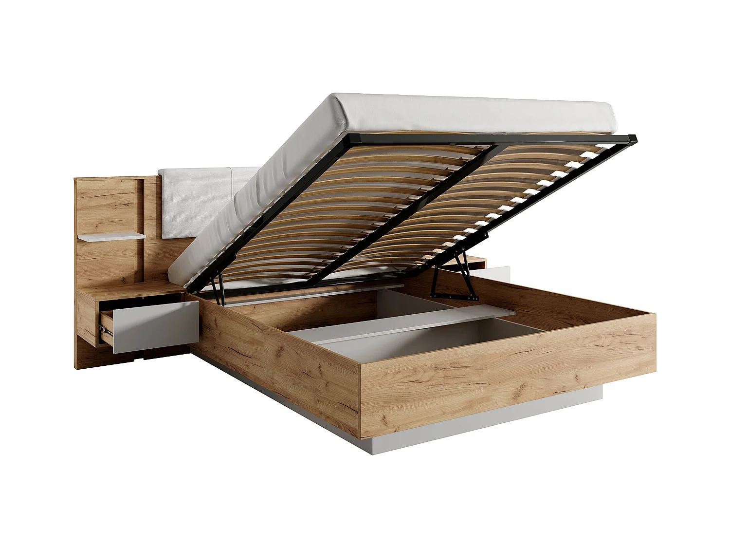 Lit coffre avec chevets 160 x 200 cm - Avec LEDs - Coloris : Naturel et blanc - ELYNIA
