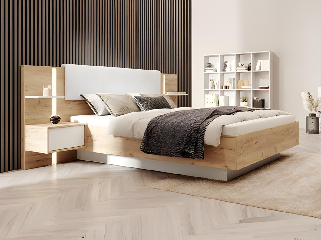 Letto con contenitore con comodini Con LED 160 x 200 cm Naturale e Bianco - ELYNIA