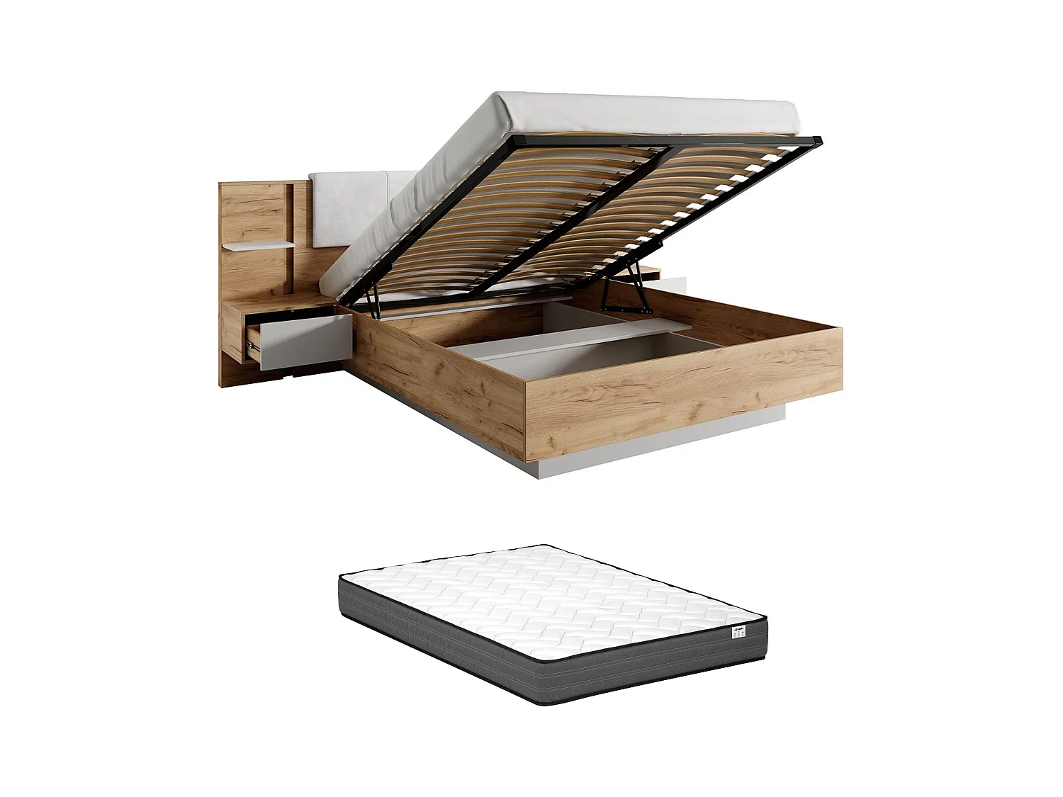 Lit coffre avec chevets 160 x 200 cm - Avec LEDs - Coloris : Naturel et blanc + Matelas - ELYNIA