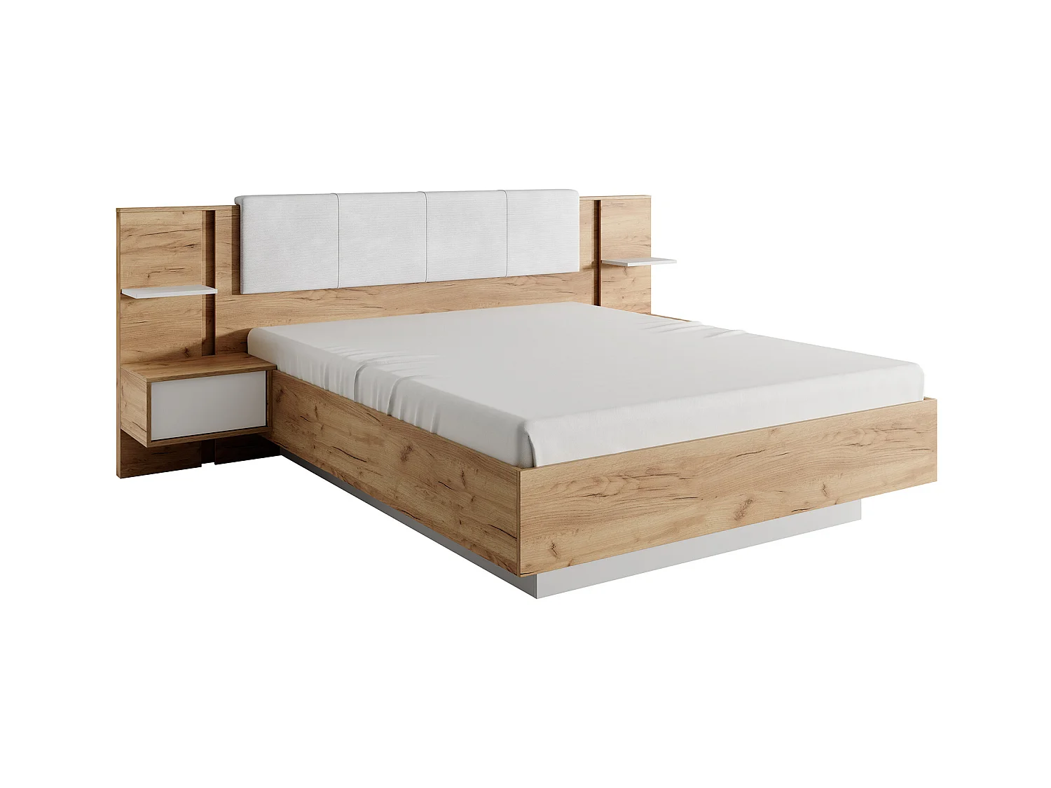 Lit coffre avec chevets 160 x 200 cm - Avec LEDs - Coloris : Naturel et blanc + Matelas - ELYNIA