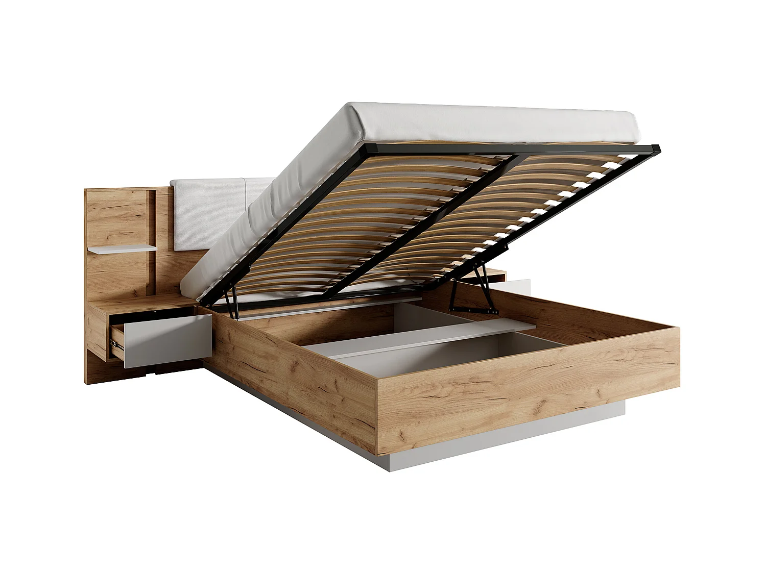 Lit coffre avec chevets 160 x 200 cm - Avec LEDs - Coloris : Naturel et blanc + Matelas - ELYNIA