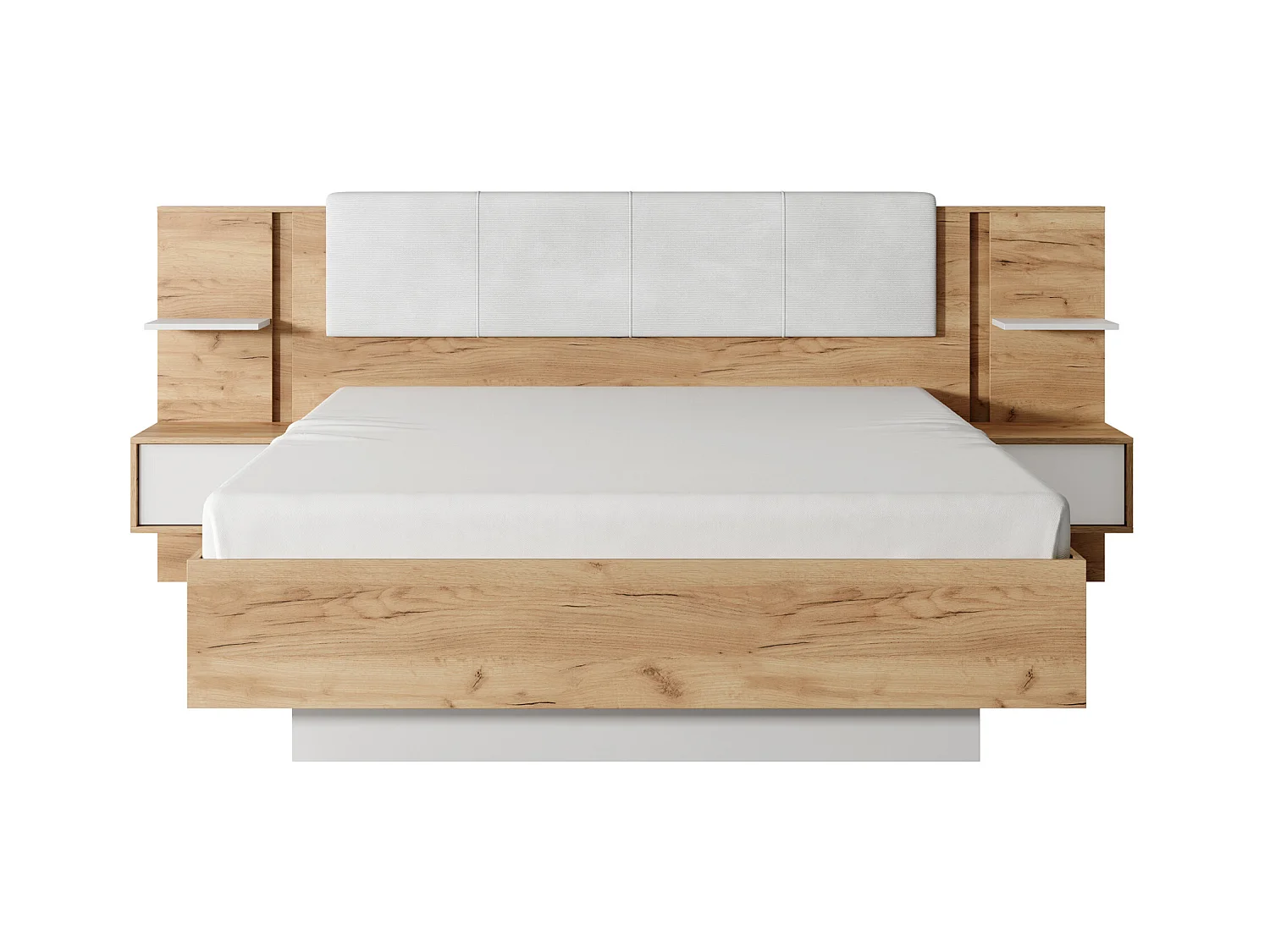 Lit coffre avec chevets 160 x 200 cm - Avec LEDs - Coloris : Naturel et blanc + Matelas - ELYNIA
