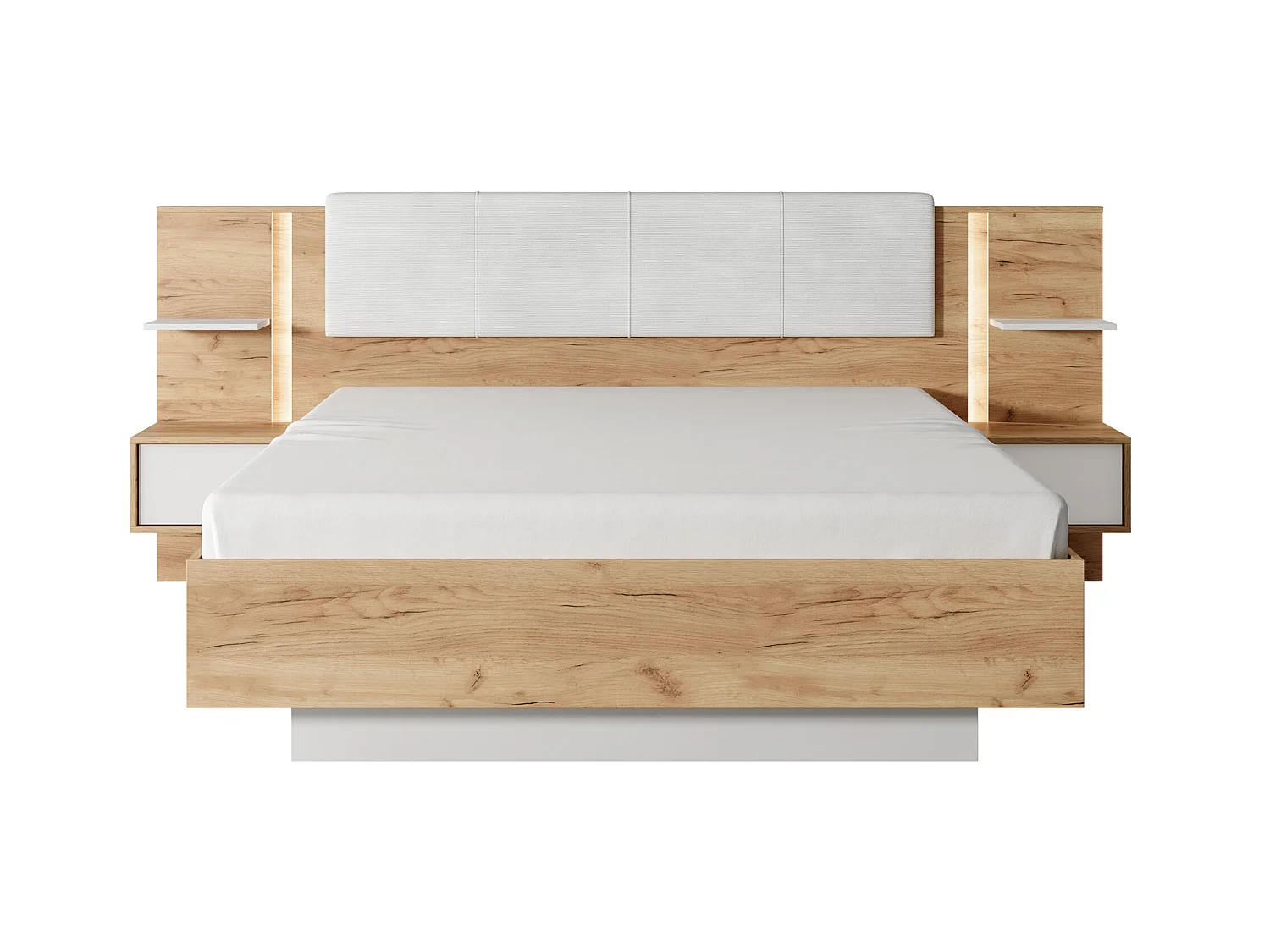 Lit coffre avec chevets 160 x 200 cm - Avec LEDs - Coloris : Naturel et blanc + Matelas - ELYNIA