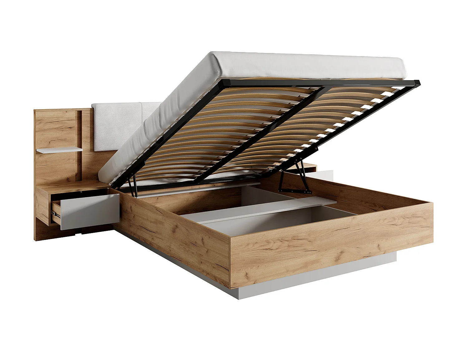 Cama com espaço de arrumação e mesas de cabeceira 160x200 cm, com LEDs, cor natural e branco + Colchão - ELYNIA