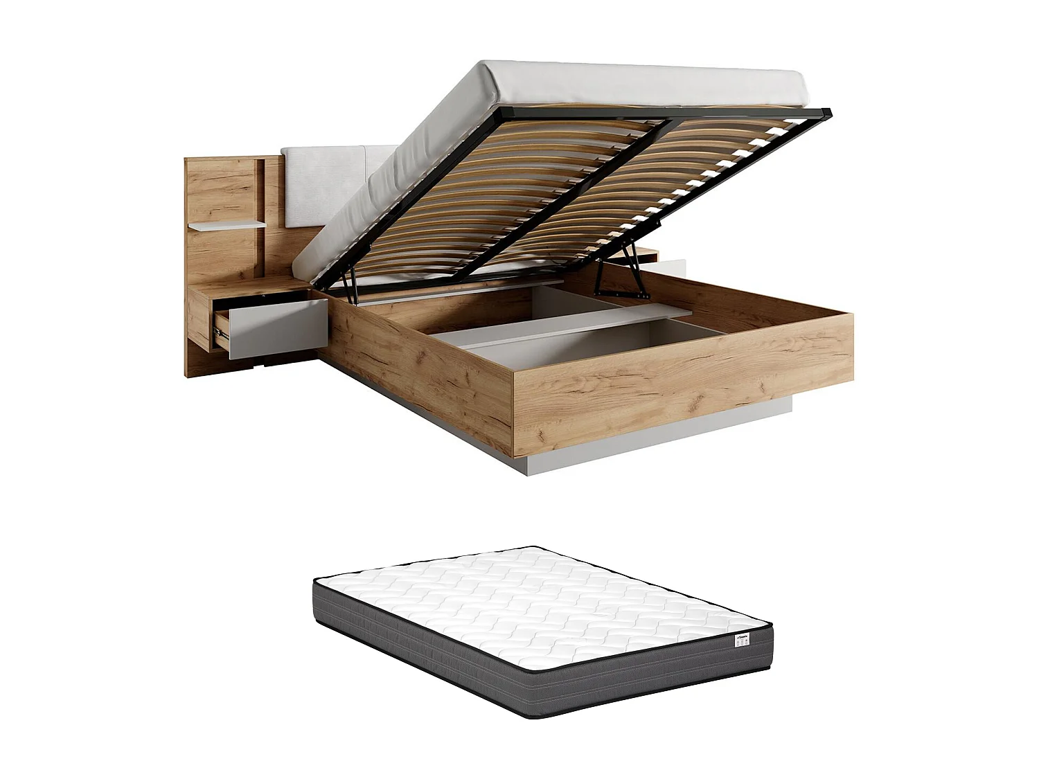 Cama com espaço de arrumação e mesas de cabeceira 160x200 cm, com LEDs, cor natural e branco + Colchão - ELYNIA