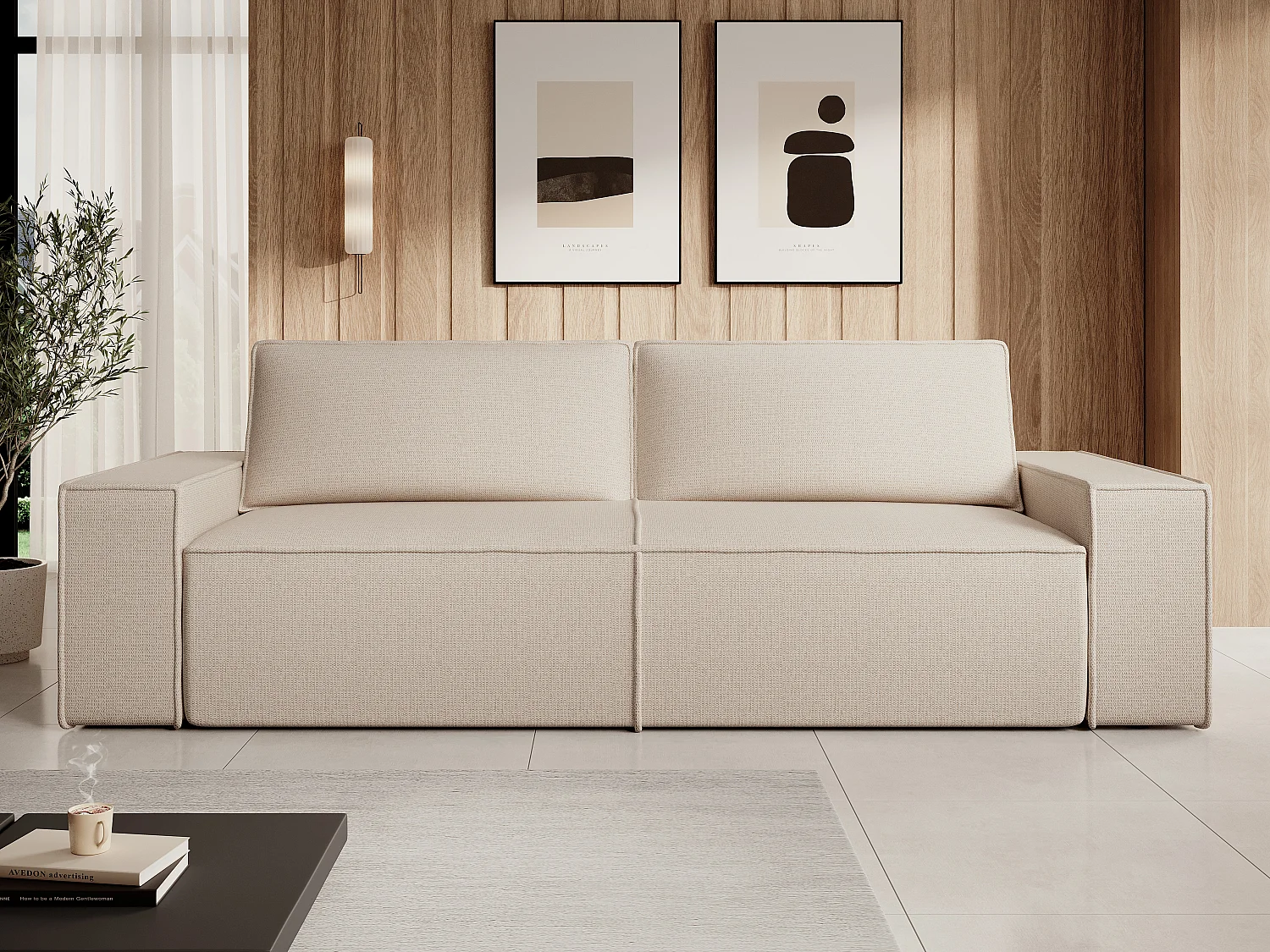 Canapé 4 places convertible en tissu texturé beige AMELIA