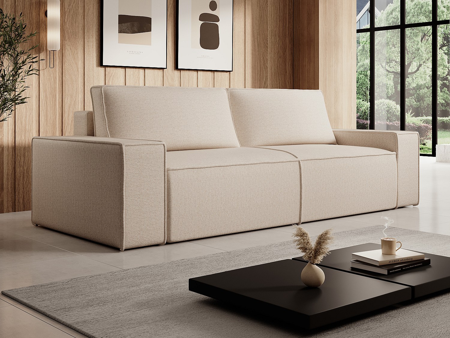 Canapé 4 places convertible en tissu texturé beige AMELIA