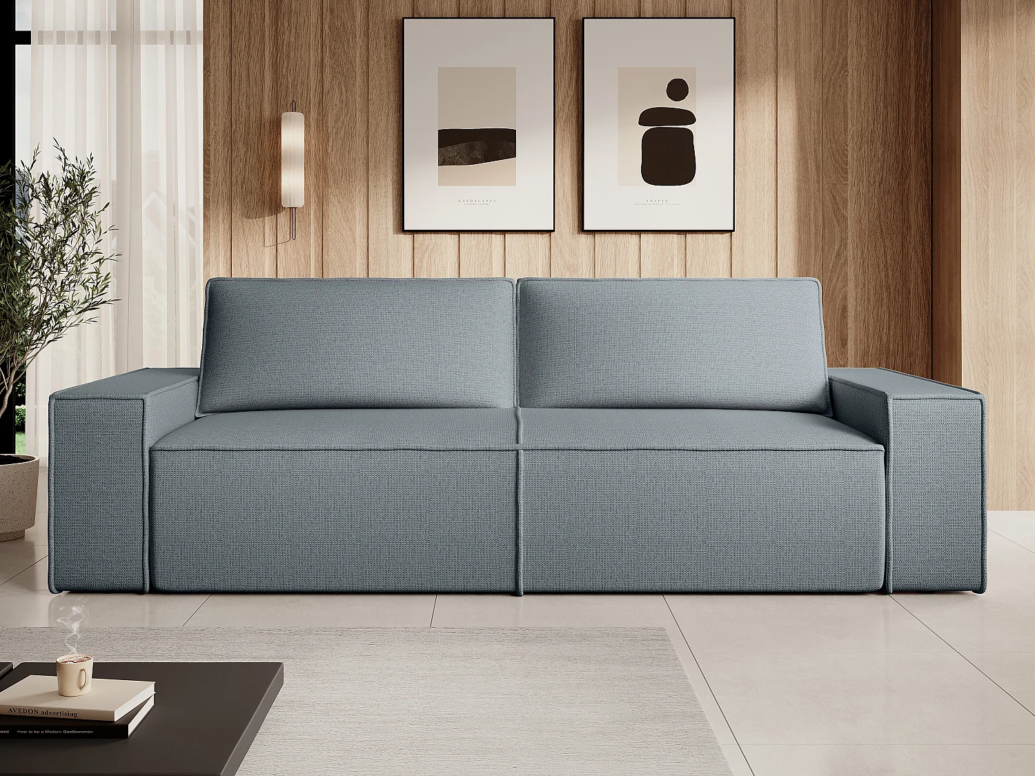 Vierzitsslaapbank van blauw velours met textuur AMELIA