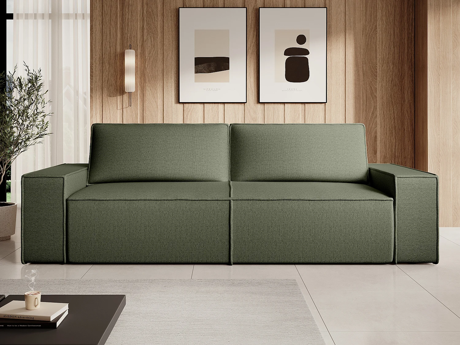 Canapé 4 places convertible en tissu texturé vert AMELIA