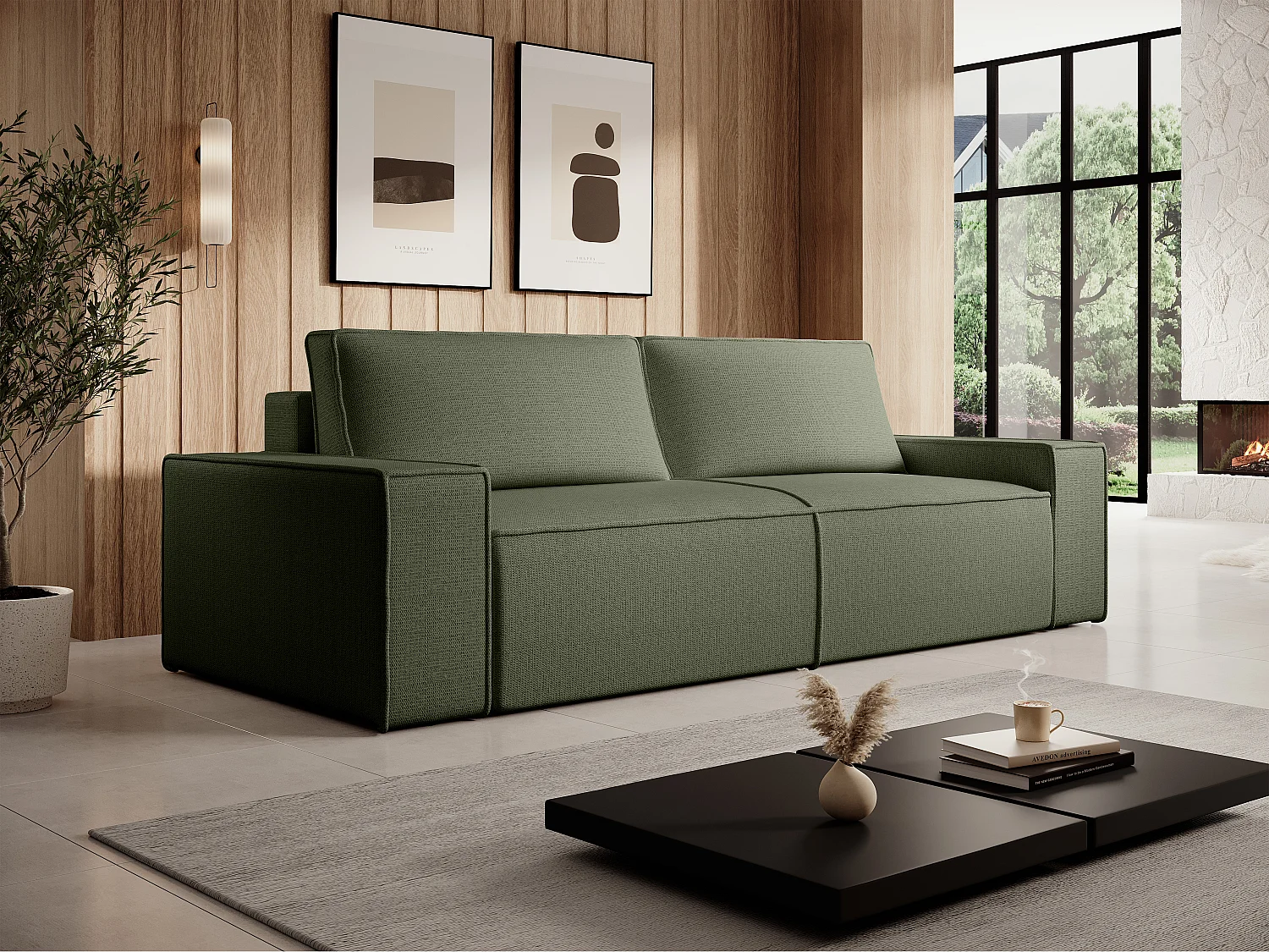 Canapé 4 places convertible en tissu texturé vert AMELIA