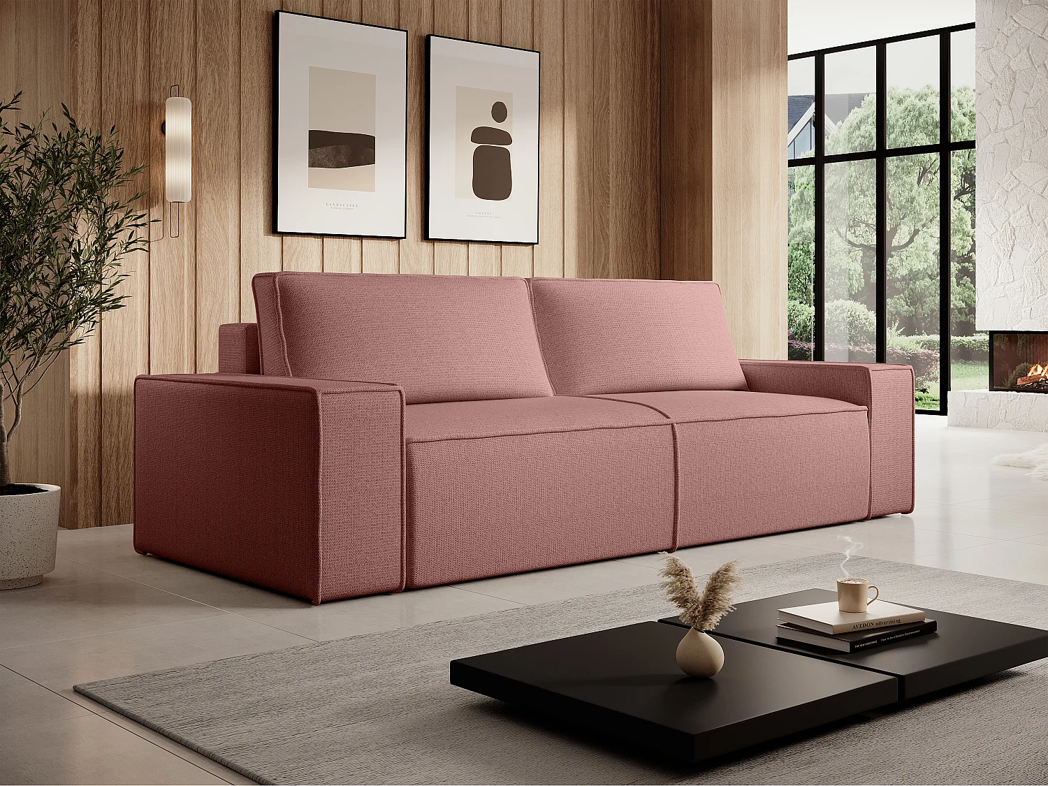 Canapé 4 places convertible en tissu texturé terracotta AMELIA