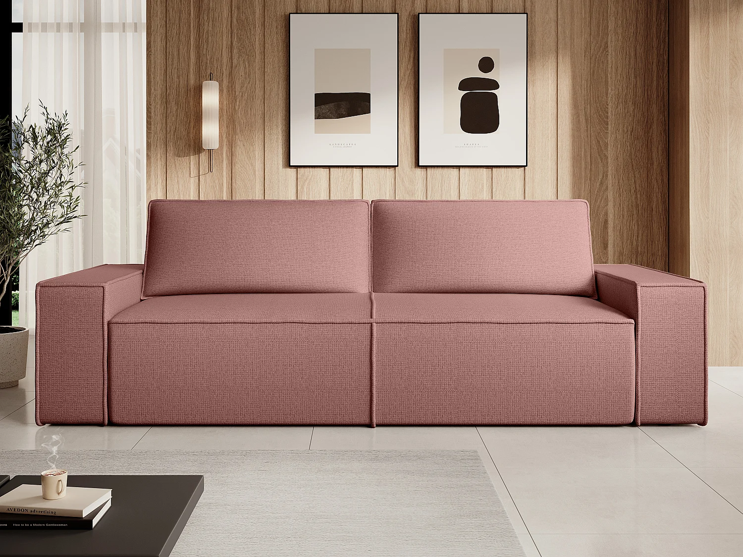 Canapé 4 places convertible en tissu texturé terracotta AMELIA