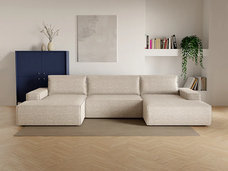 Grand canapé d'angle panoramique convertible en tissu texturé beige AMELIA