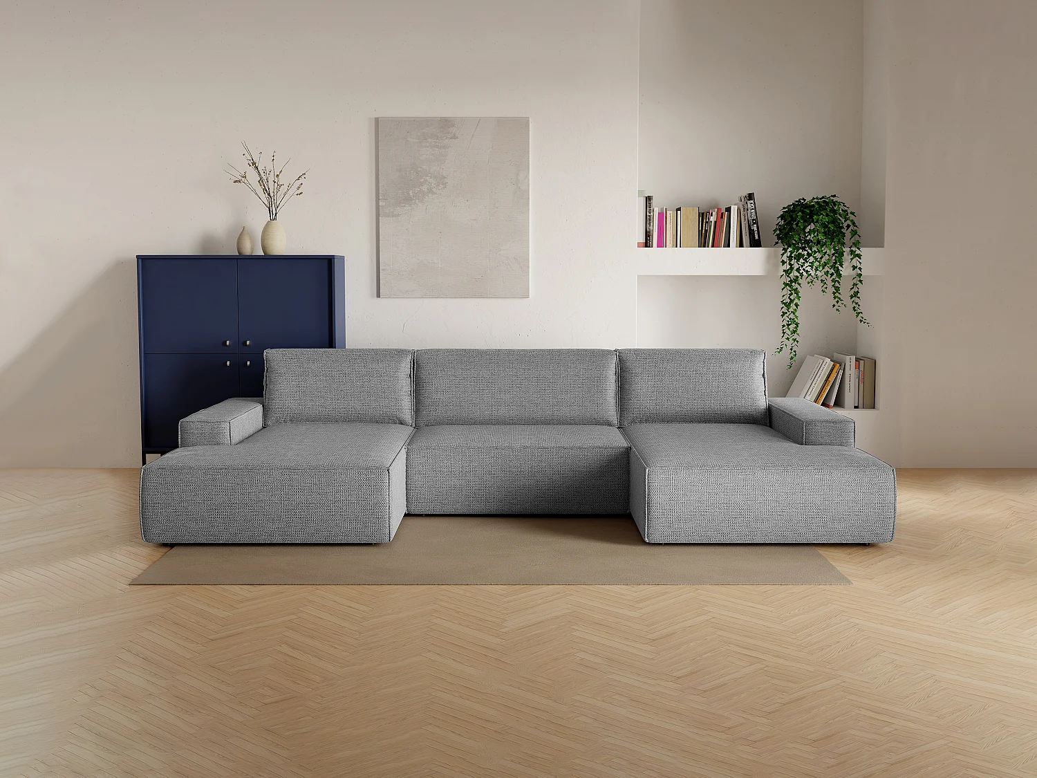 Grand canapé d'angle panoramique convertible en tissu texturé gris AMELIA