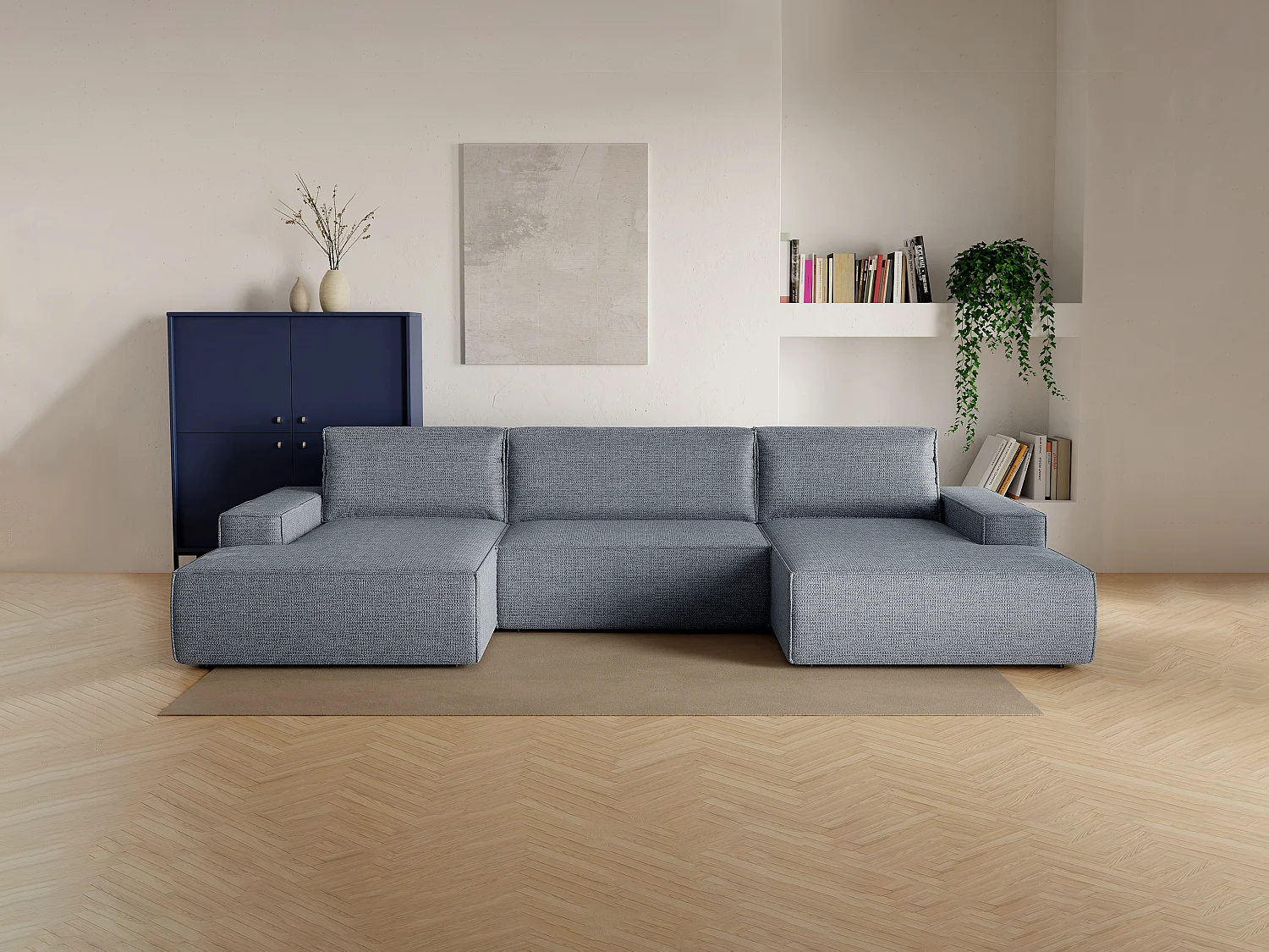 Stor panoramauhjørnesofa med chaiselong som sovesofa i tekstureret stof i blå AMELIA