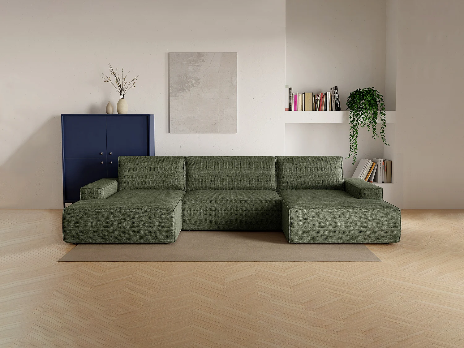 Grand canapé d'angle panoramique convertible en tissu texturé vert AMELIA