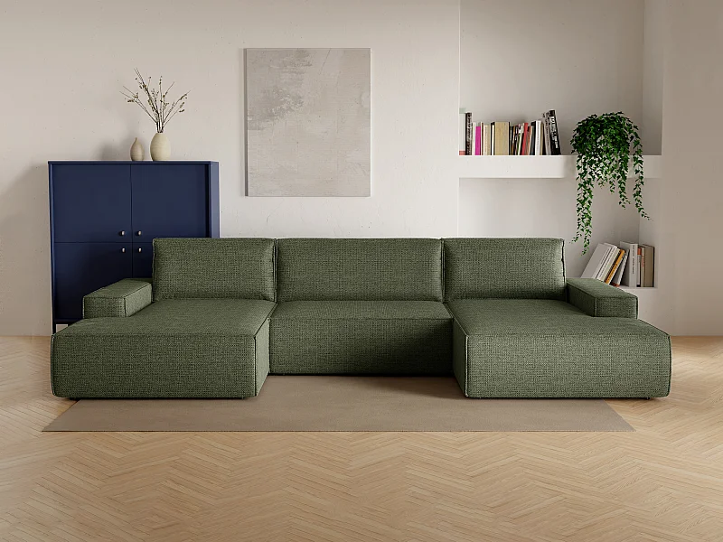 XXL U-vormige slaapbank in groene textuurstof – AMELIA