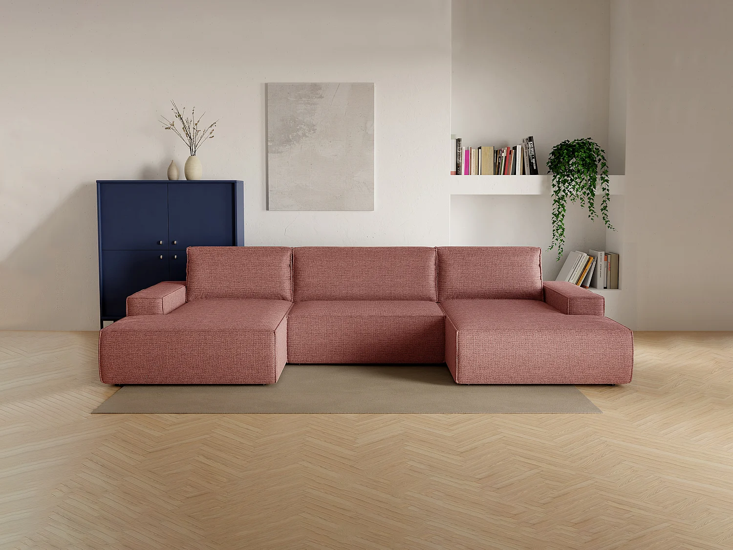 Grand canapé d'angle panoramique convertible en tissu texturé terracotta AMELIA