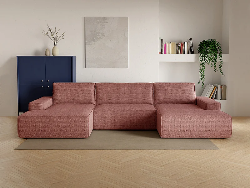 Stor panoramisk hjørnesofa med chaiselong i terracotta-farvet tekstureret stof i AMELIA