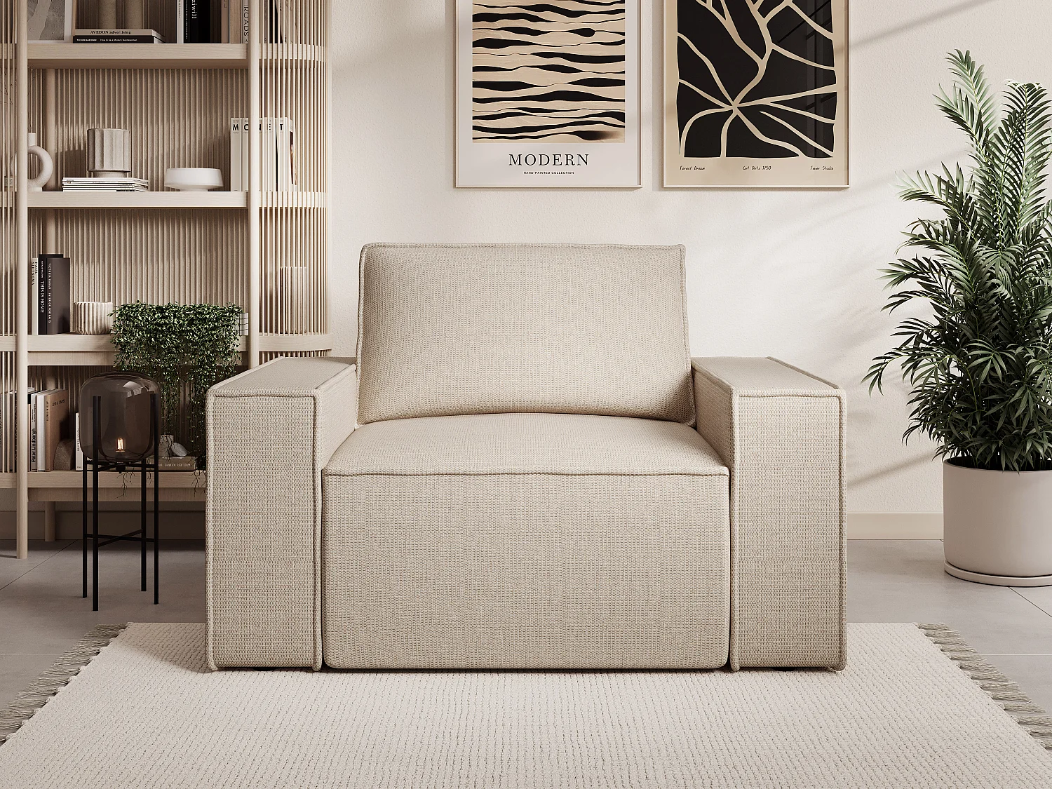 Fauteuil en tissu texturé beige AMELIA