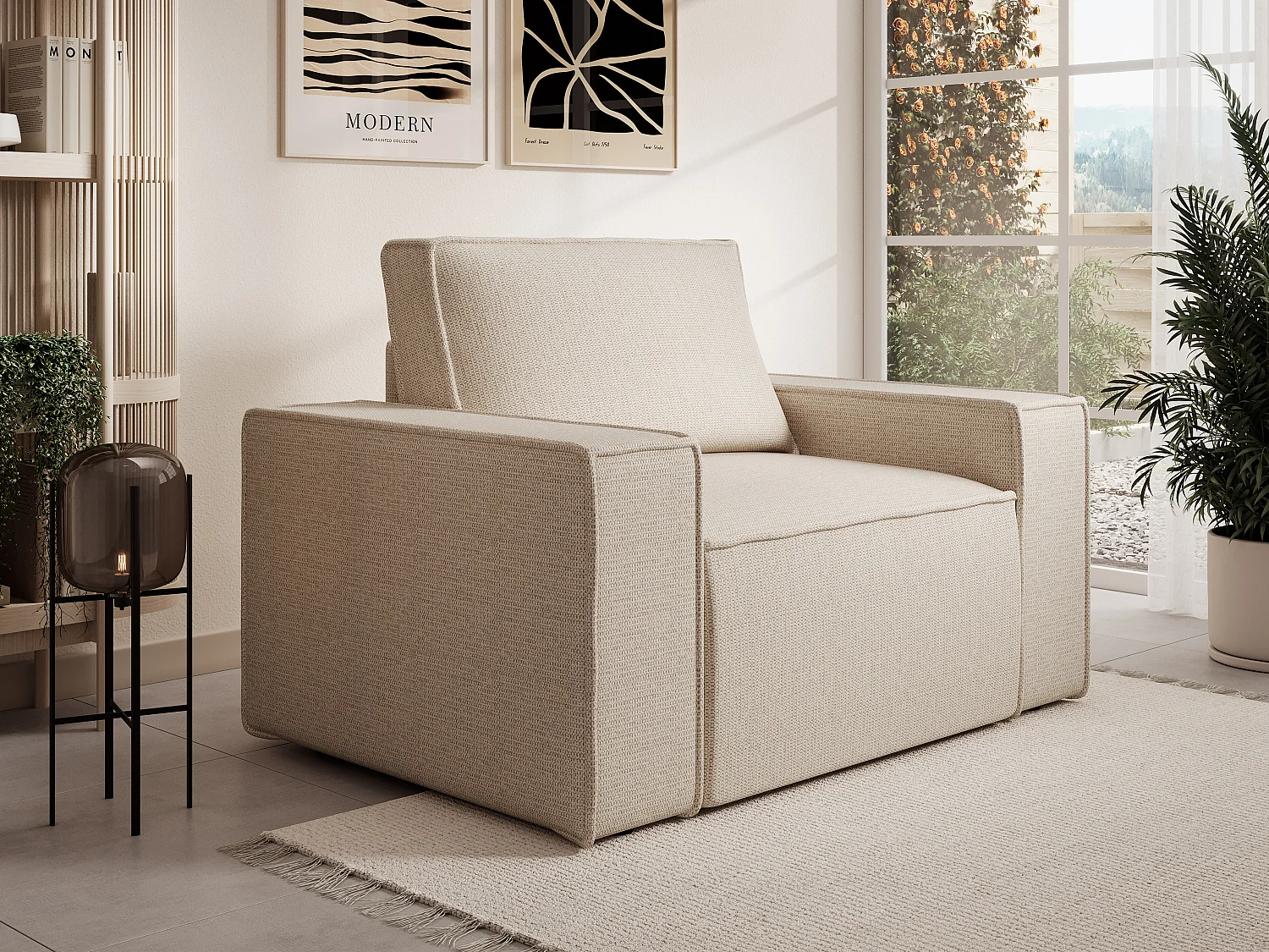 Fauteuil en tissu texturé beige AMELIA