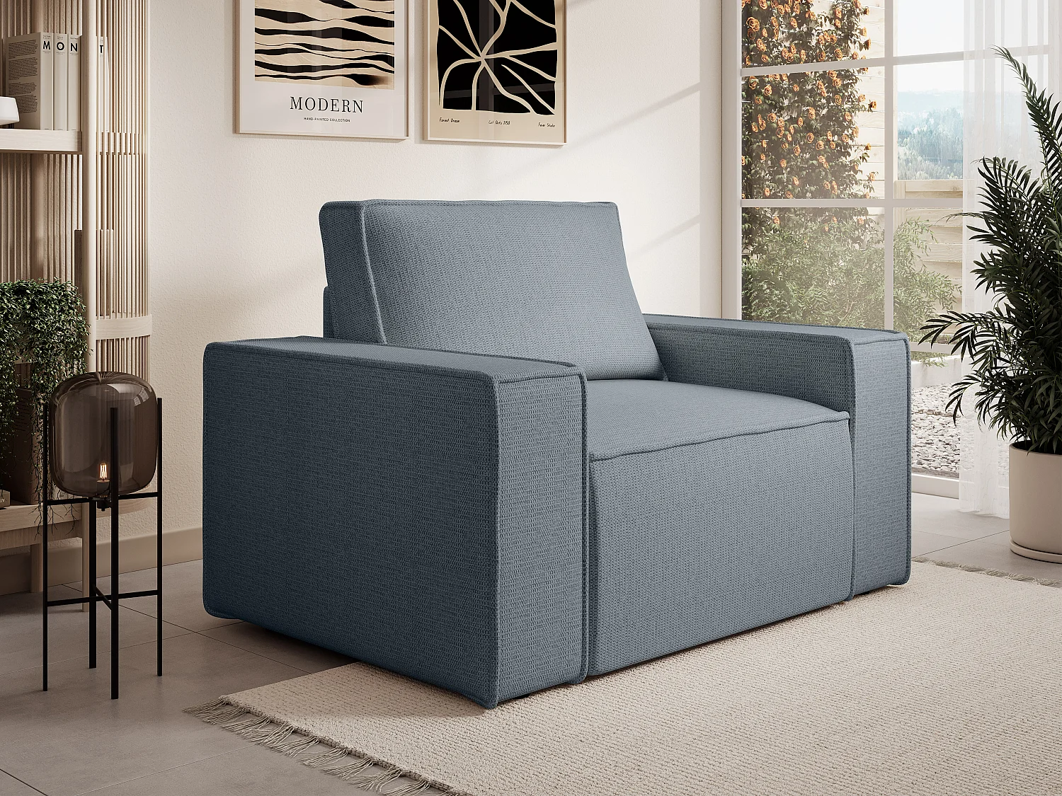 Fauteuil en tissu texturé bleu AMELIA