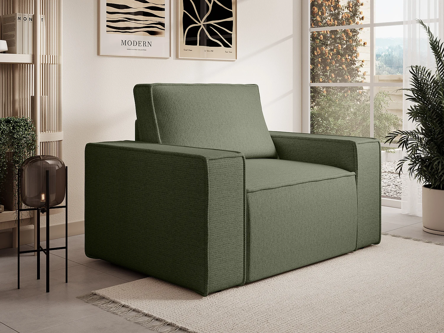 Fauteuil en tissu texturé vert AMELIA