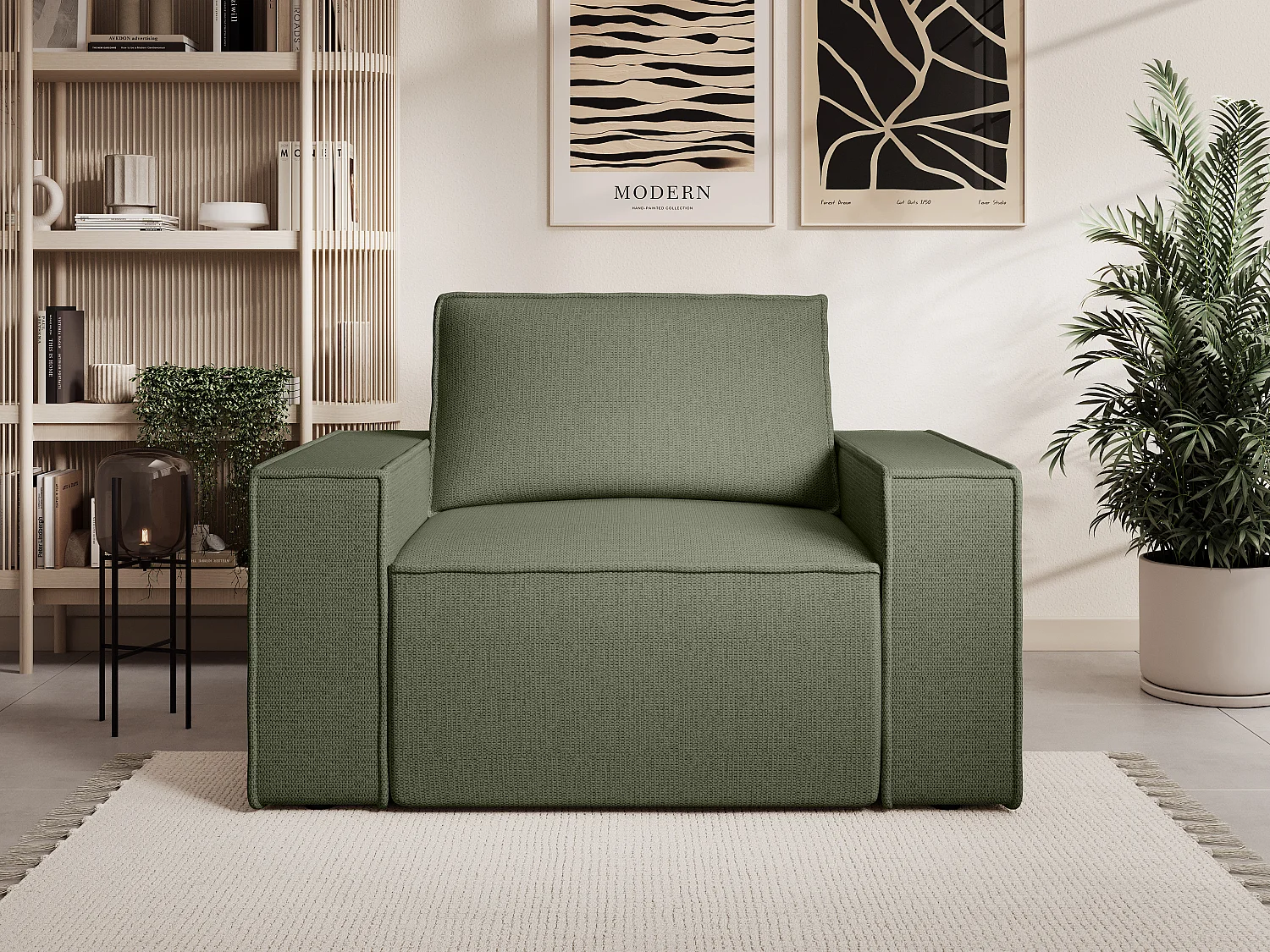 Fauteuil van groene stof met textuur AMELIA