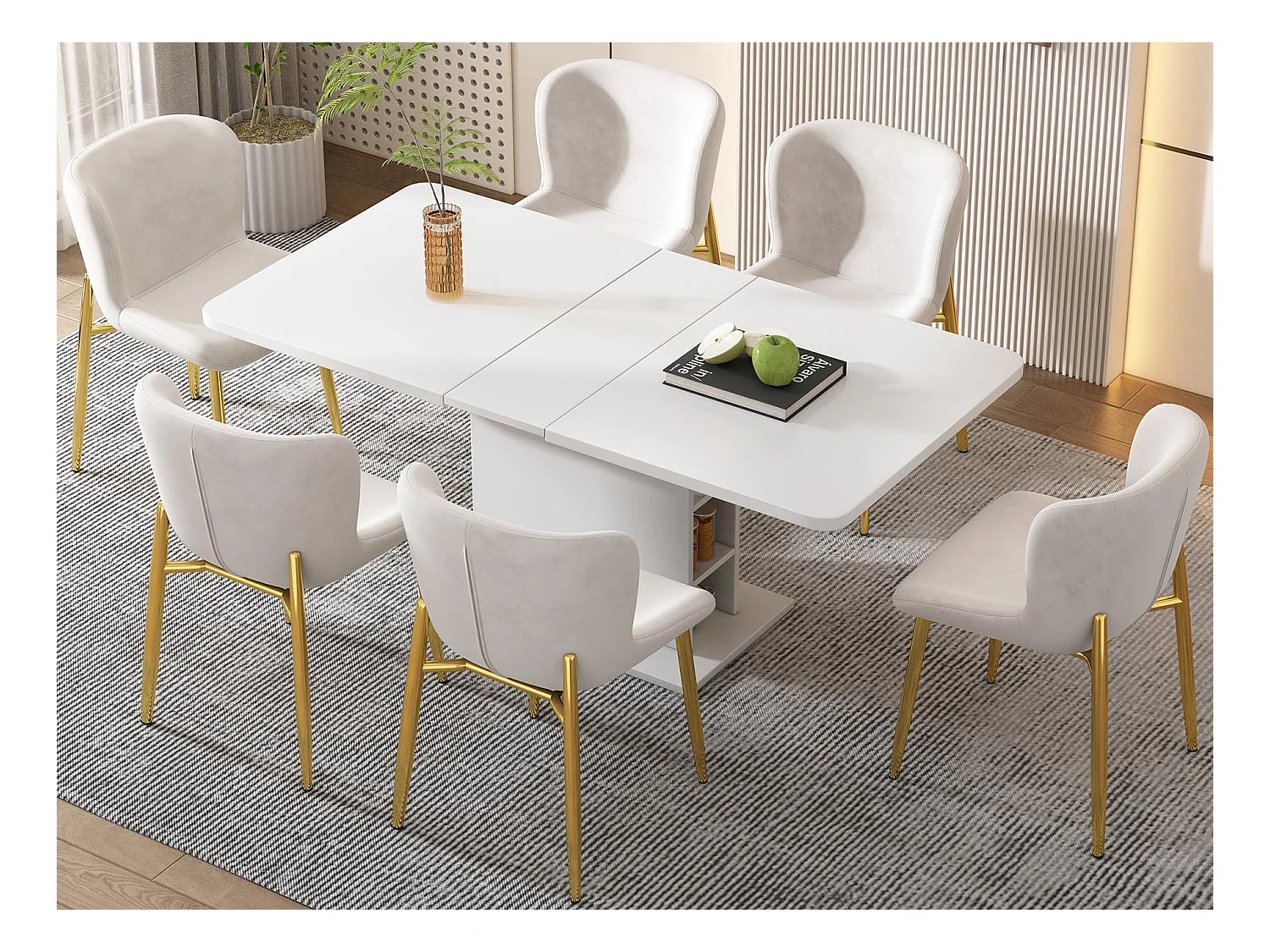 Lot de 6 Chaises rembourré en velours - avec pieds en métal doré – style contemporain - Beige