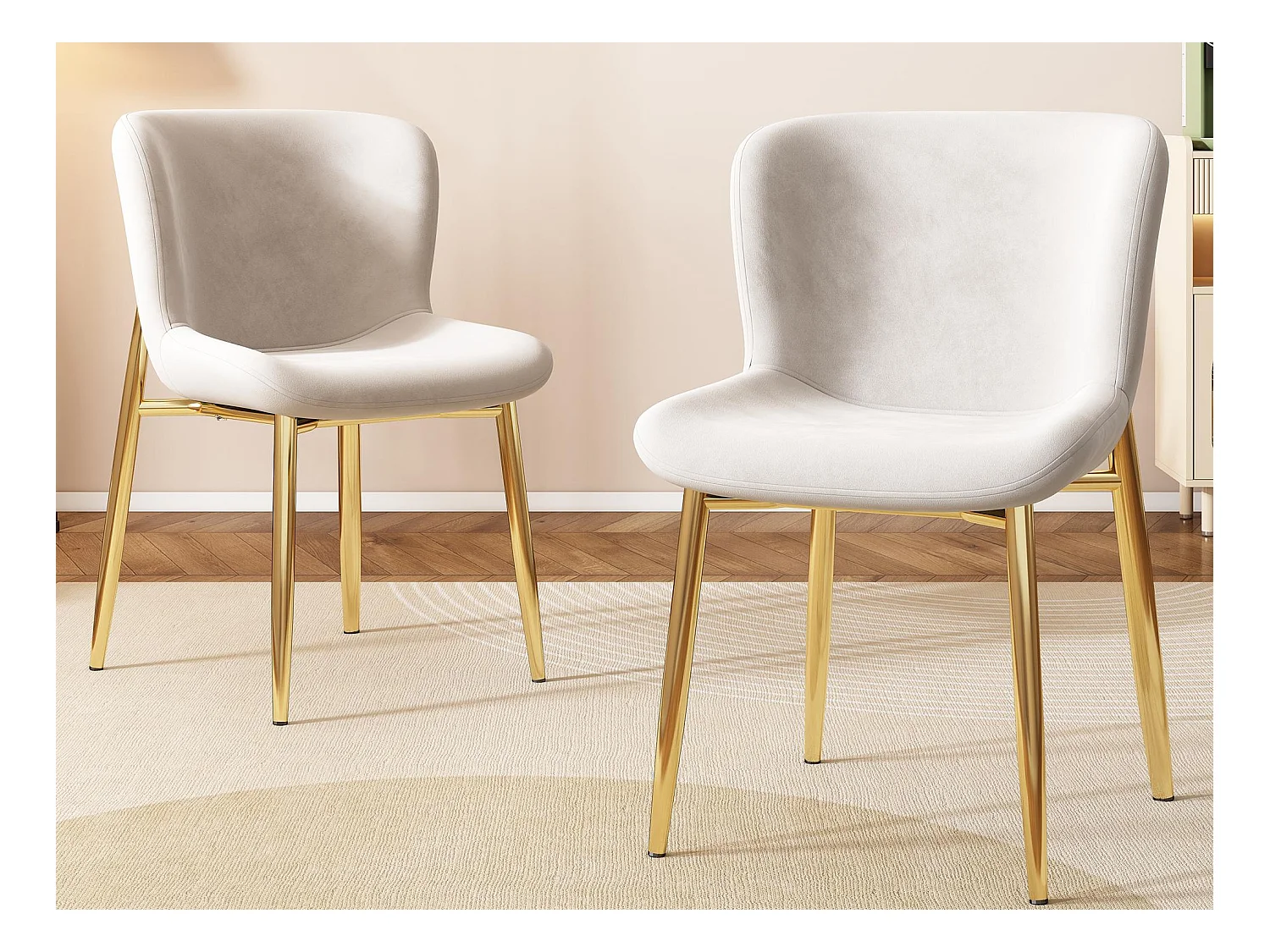 Lot de 2 Chaises rembourré en velours - avec pieds en métal doré – style contemporain - Beige