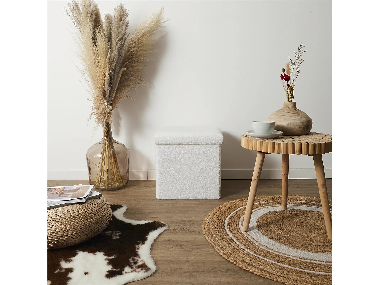 Coffre Pouf Pliable Bouclette Blanc - Lot De 4 Blanc