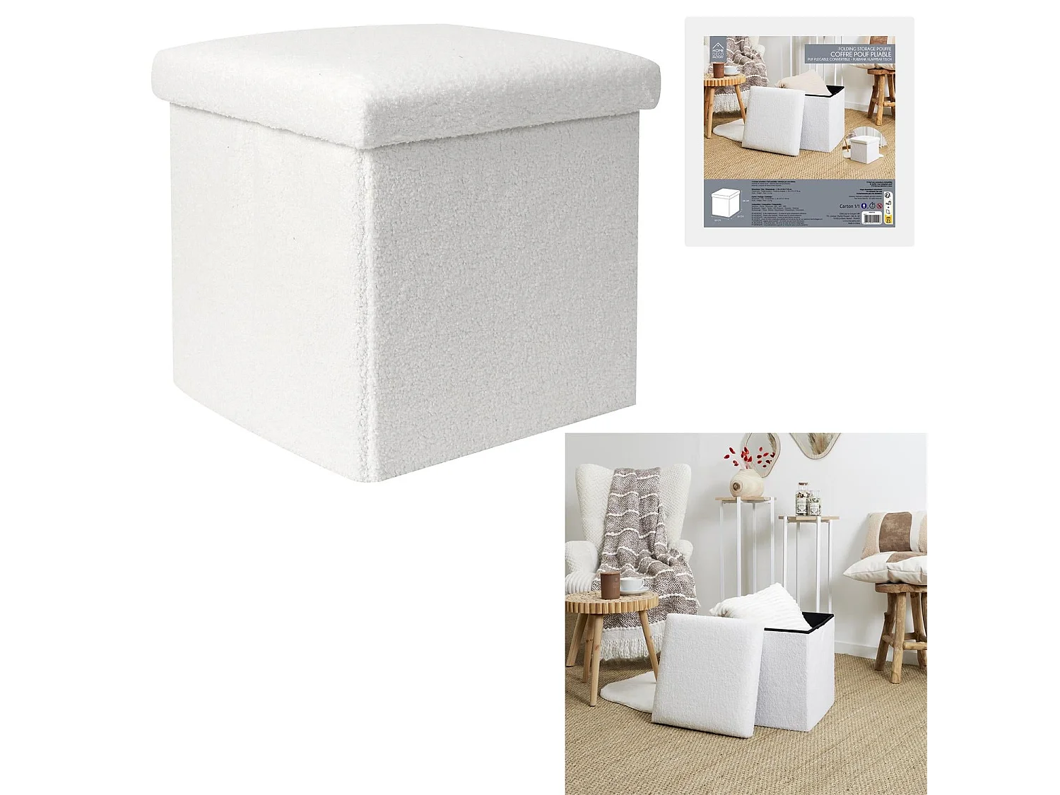Coffre Pouf Pliable Bouclette Blanc - Lot De 4 Blanc