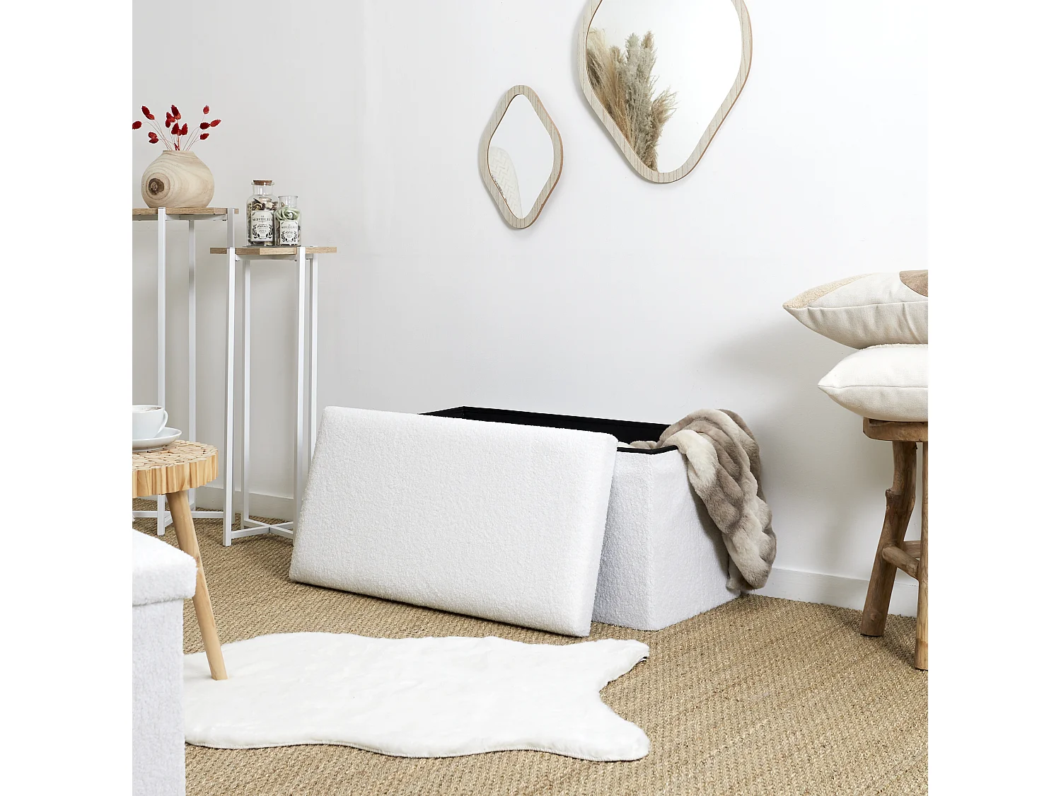 Coffre Banc Pliable Bouclette Blanc Blanc