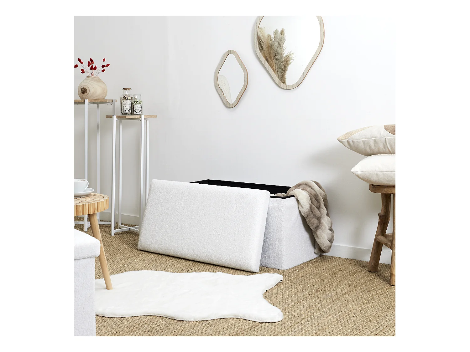 Coffre Banc Pliable Bouclette Blanc Blanc