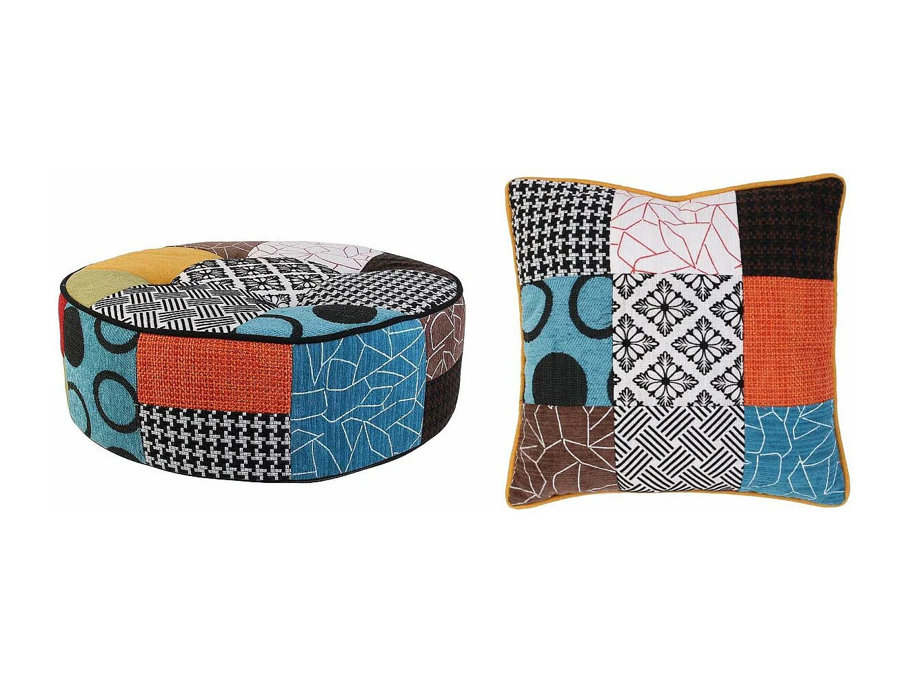 Set pouf rond patchwork 50 cm et coussin patchwork
