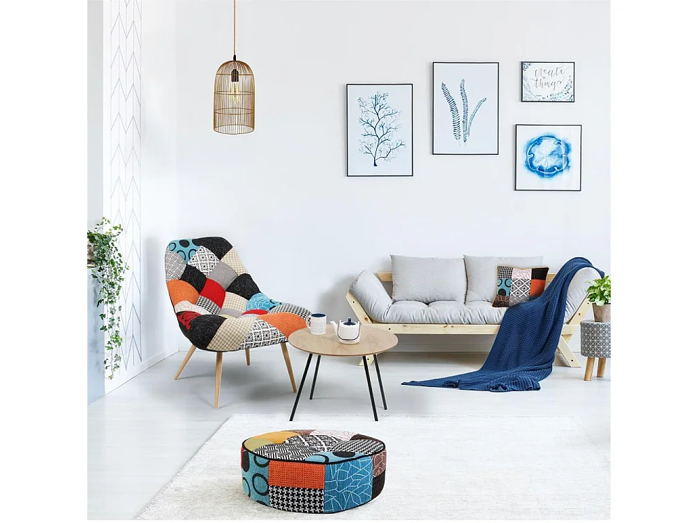 Set pouf rond patchwork 50 cm et coussin patchwork