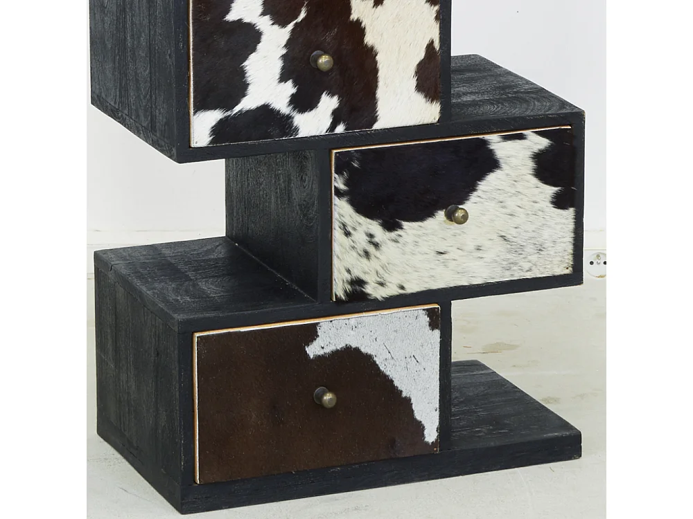 Commode Zigzag en manguier et peau de vache noire et blanche