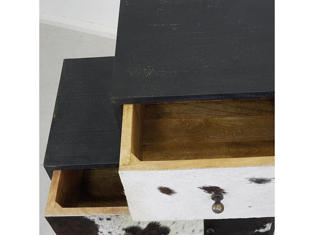 Commode Zigzag en manguier et peau de vache noire et blanche