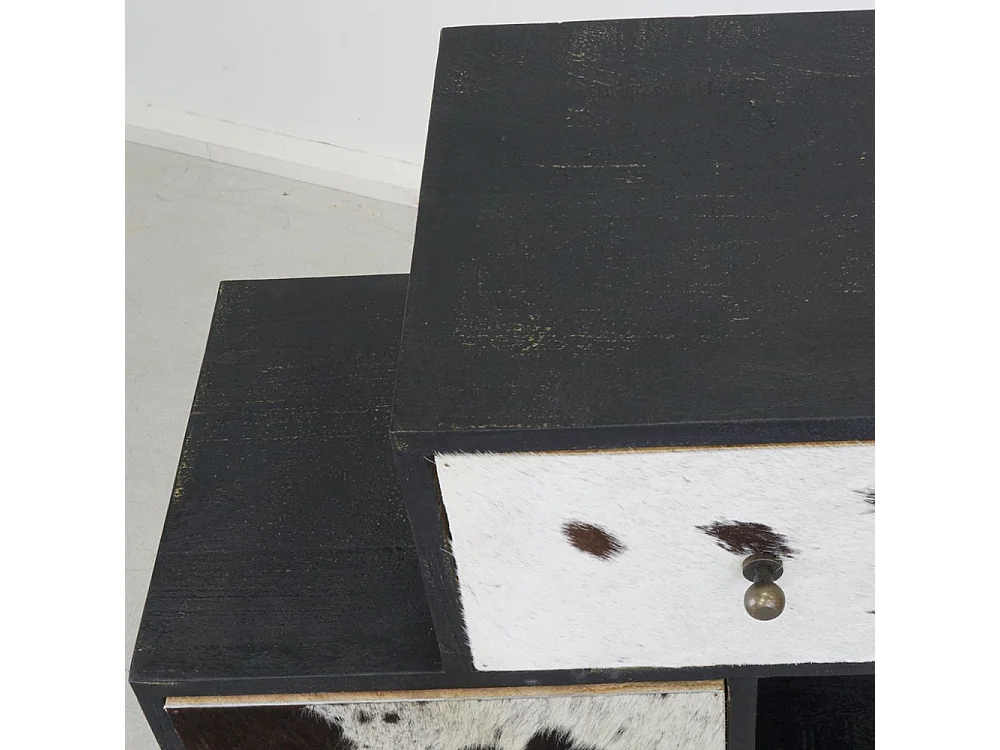 Commode Zigzag en manguier et peau de vache noire et blanche