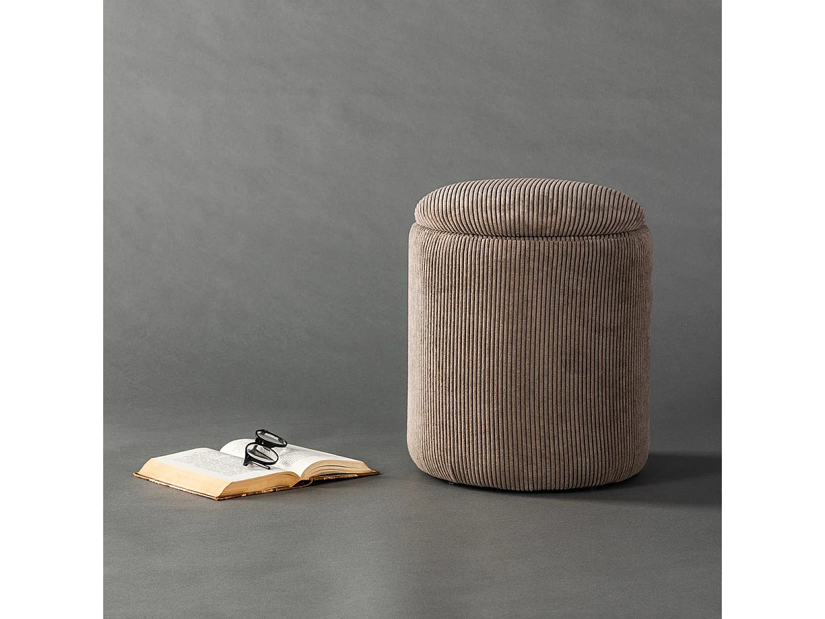 Limpen poef Ø32cm fluweel met opslag bruin.