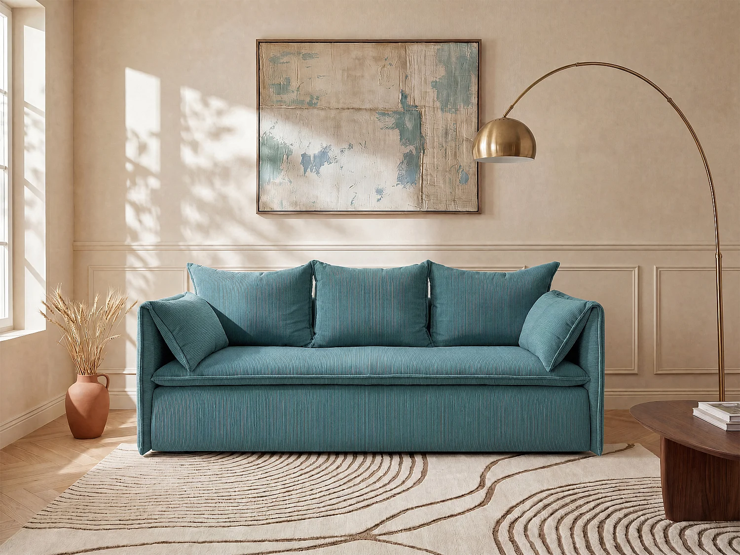 3-Seater Convertible Sofa in Fine Ribbed Blue Velvet TEODORA