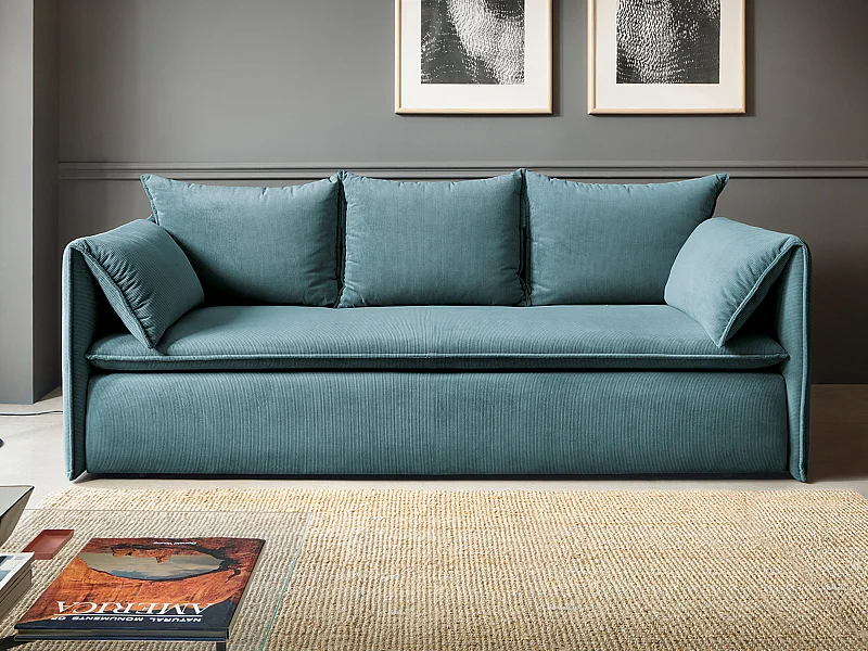 Sofa 3-Sitzer - Mit Schlaffunktion - Feincord - Blau - TEODORA